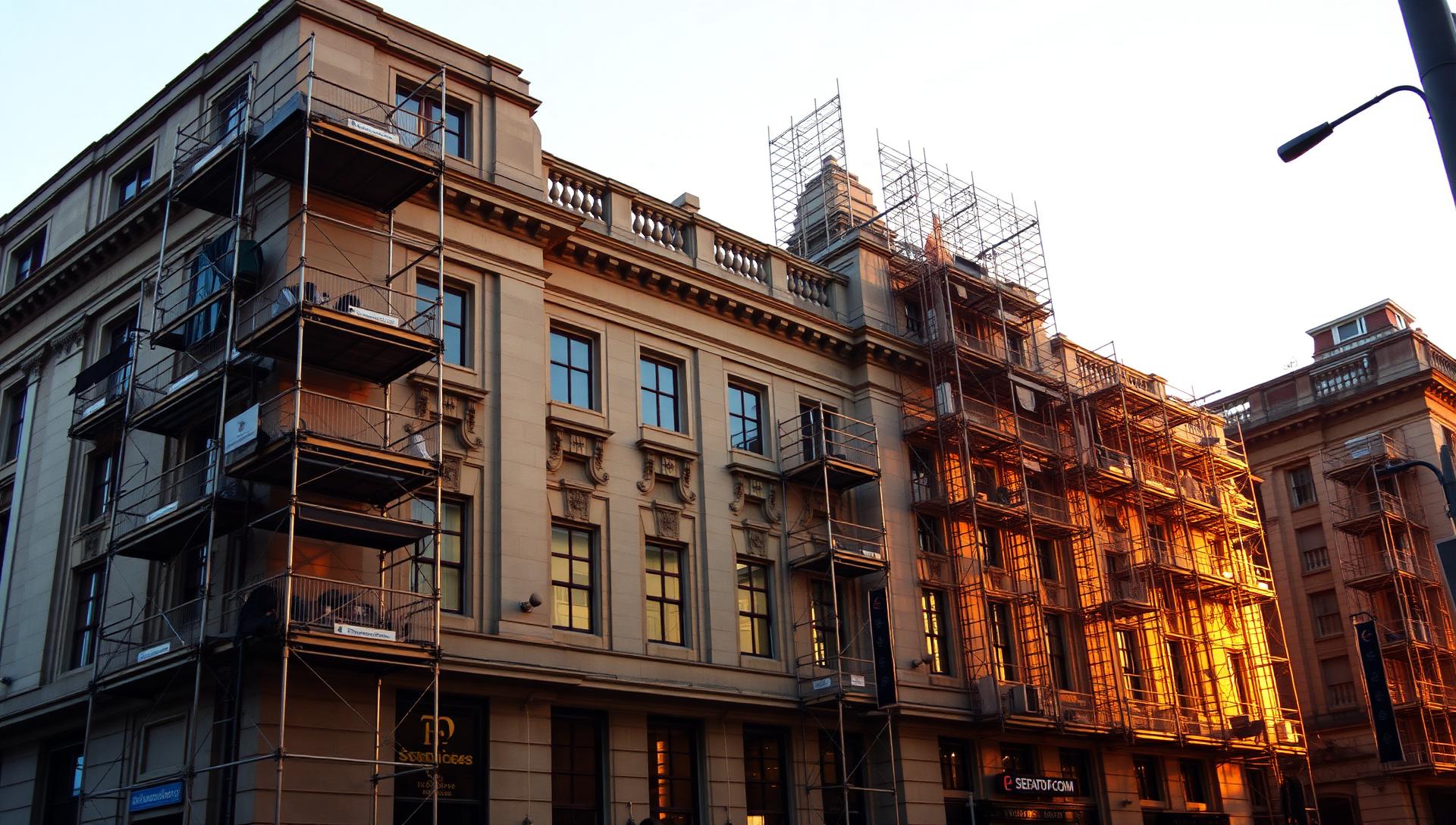 Commercial facade restoration in progress
