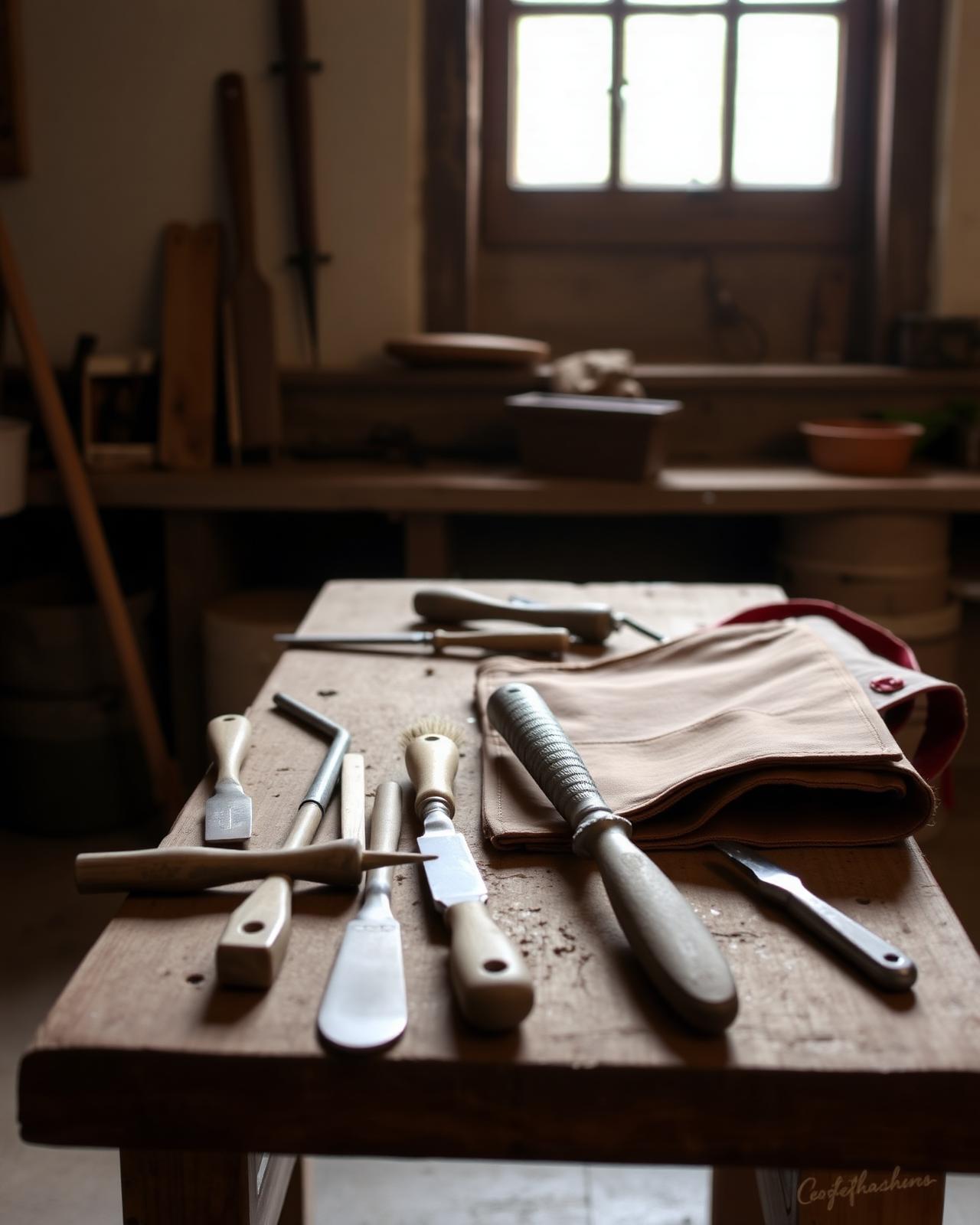 A mason's hand tools on a workshop bench
